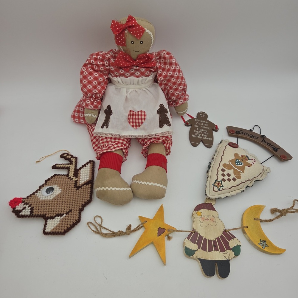 Vintage Lots of 4 Handmade Primitive Gingerbread Girl & Other Christmas Ornament